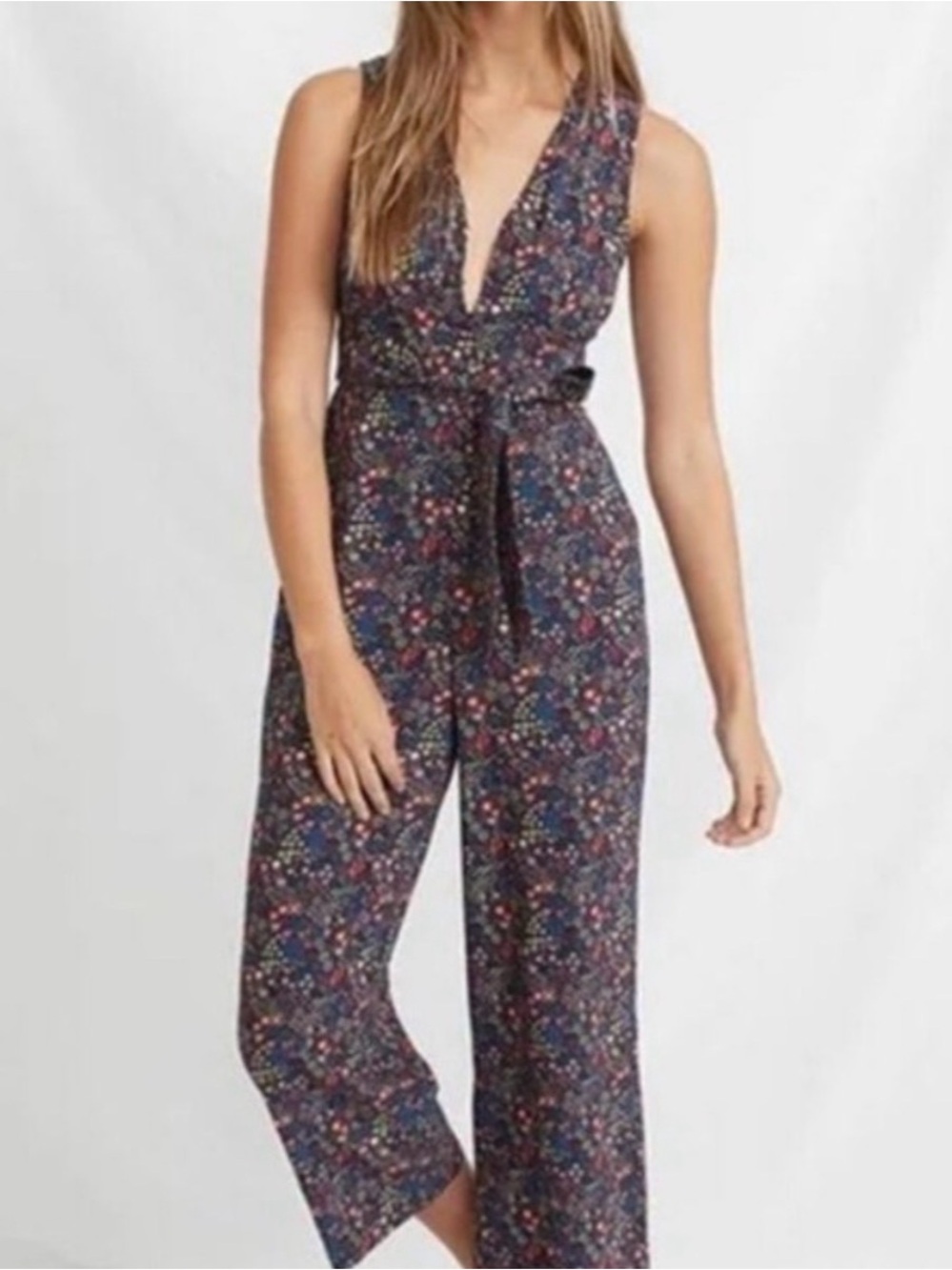 Marine Layer Navy Sleeveless Midi Romper with Pink Floral Print